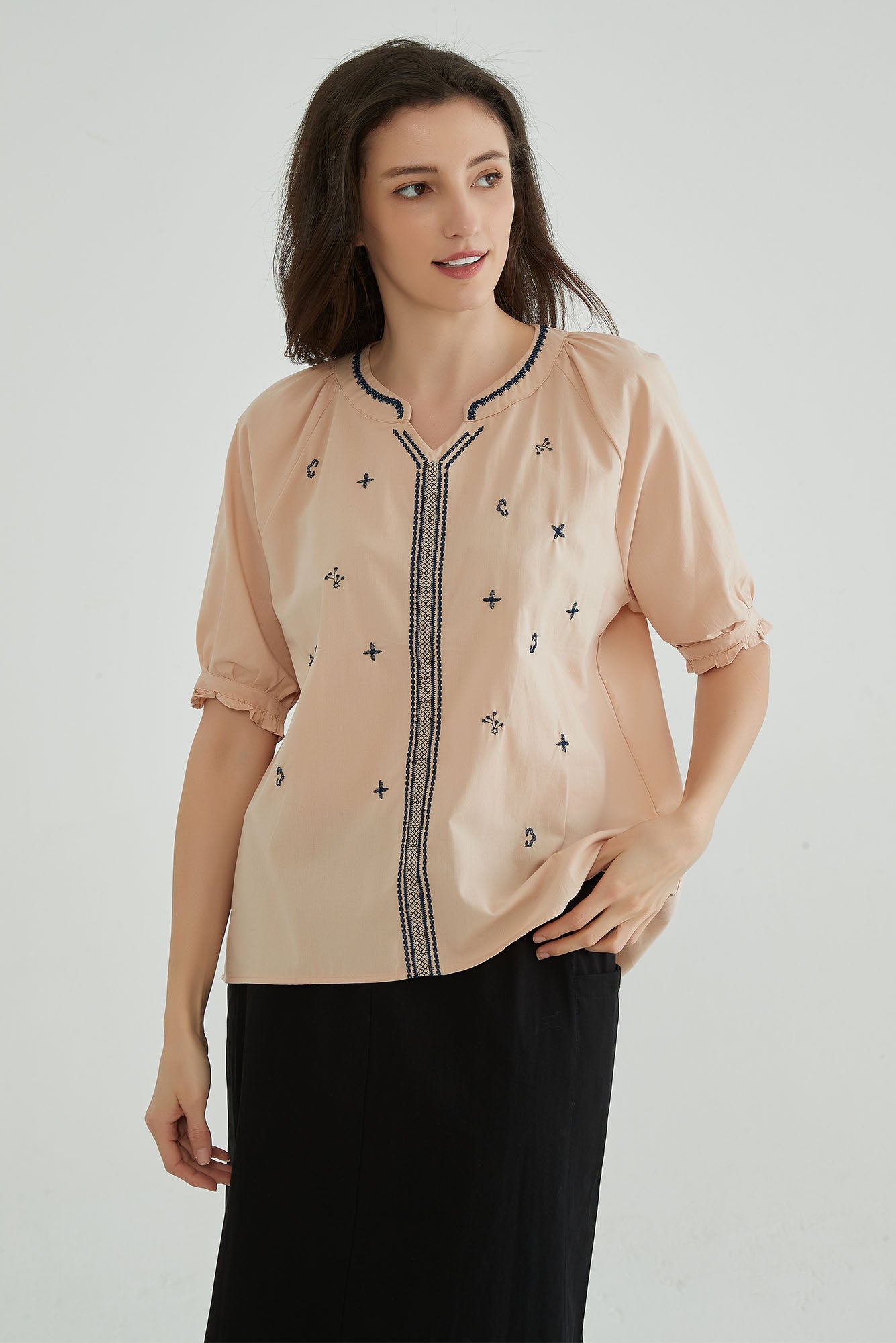 Toasted Almond Short Sleeves Embroidery Tunic - Whisper Mint